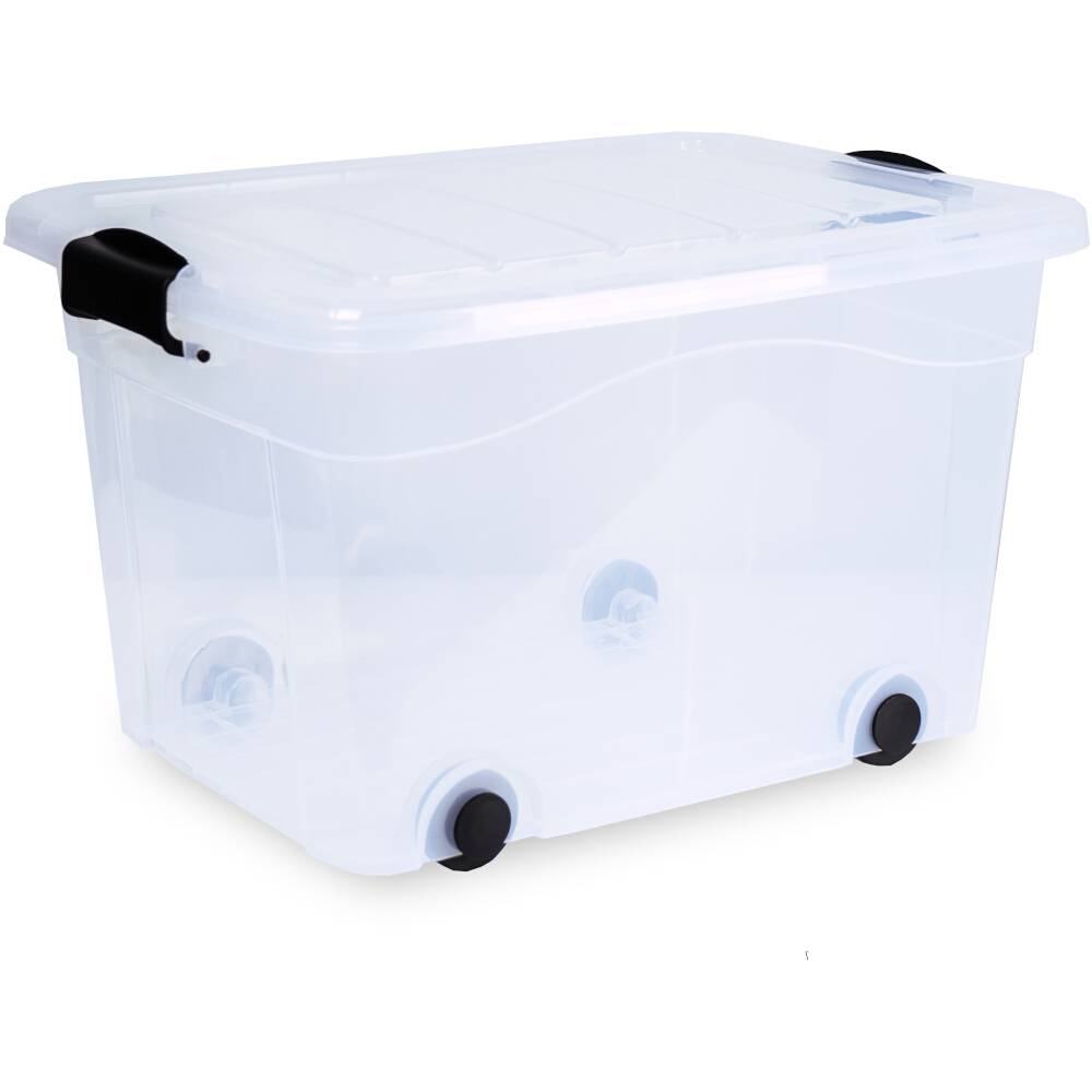 Transparente Kunststoff-Aufbewahrungsbox mit schwarzem Griff und Rollen, geeignet zum einfachen Lagern und Transportieren von Gegenständen.