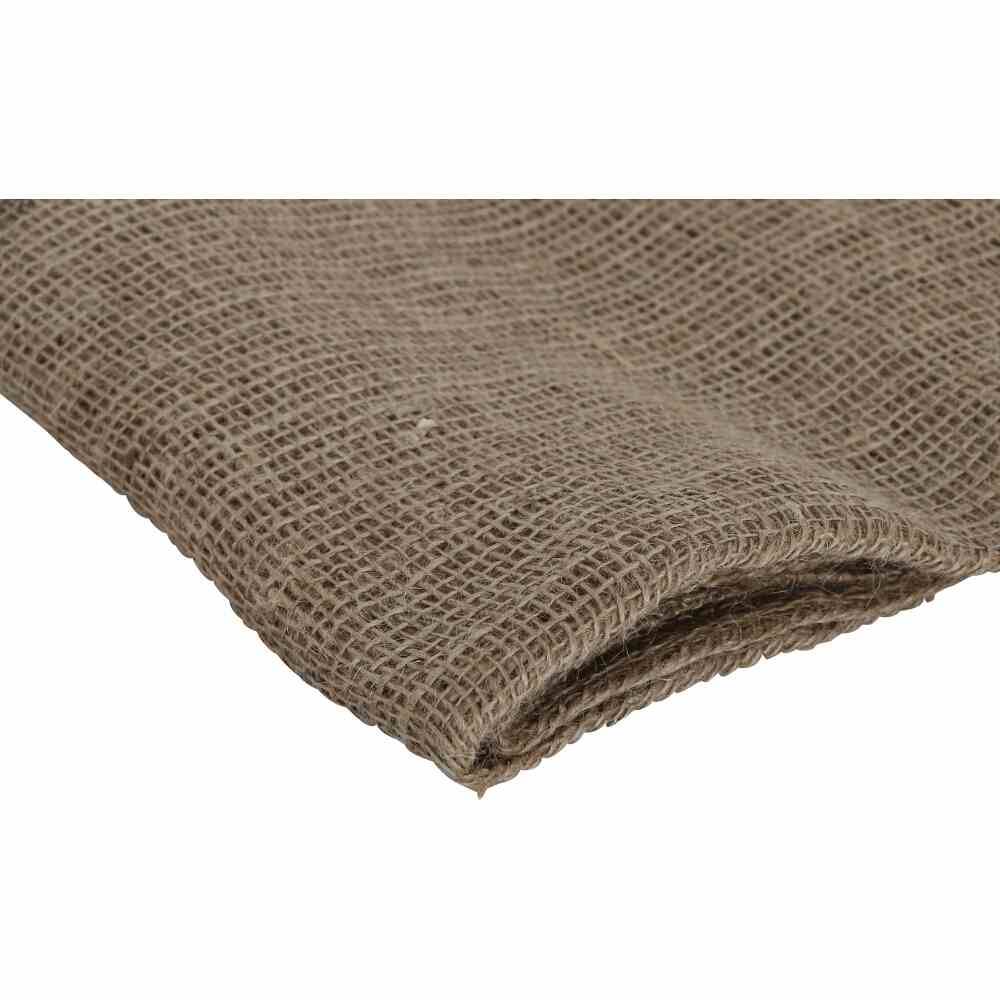 Ein Stück grob gewebtes Jutestoff in natürlicher brauner Farbe, leicht gefaltet und liegend, zeigt die raue Textur des Materials.