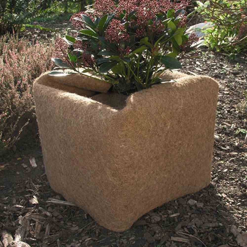 Ein quadratischer Pflanzkübel aus recyceltem Material mit grünen Pflanzen, platziert auf einem mit Rindenmulch bedeckten Boden im Freien.