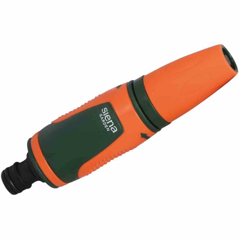 Ein orange-grüner Gartenschlauchadapter mit einer schwarzen Kappe, labeliert 'siena garden'.