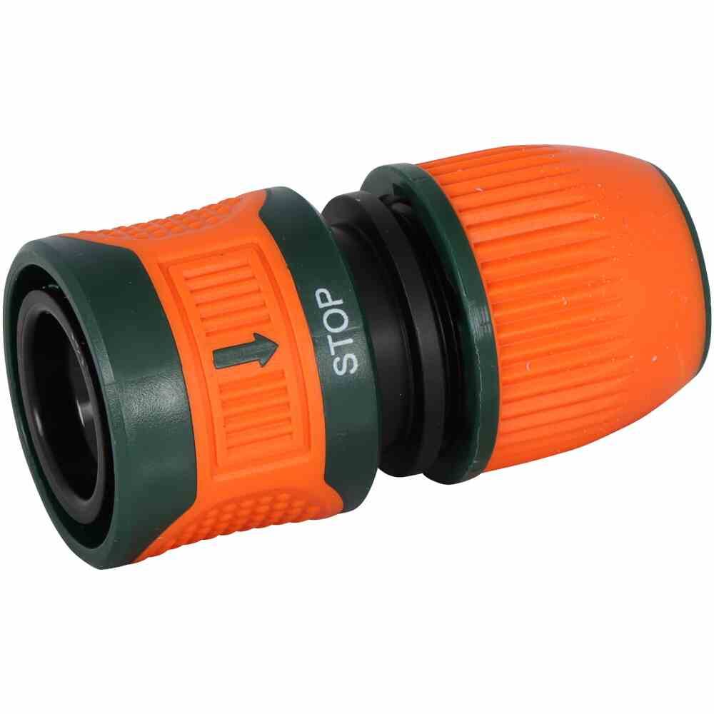 Ein oranger Gartenschlauch-Adapter mit grünen Akzenten und der Aufschrift 'STOP'. Geeignet zum Verbinden oder Abtrennen von Wasserschläuchen.
