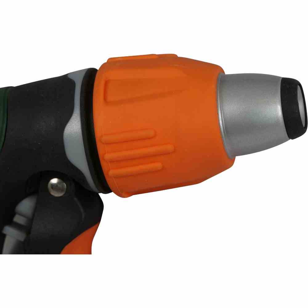 Nahaufnahme eines orange-schwarzen Akkuschraubers, zeigt den Griff und das Bohrfutter.