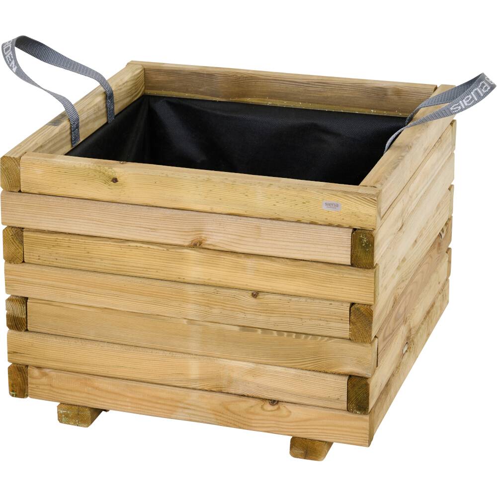 Holzkiste mit offenen Griffen und schwarzem Innenfutter. Geeignet zur Aufbewahrung oder als Pflanzgefäß.