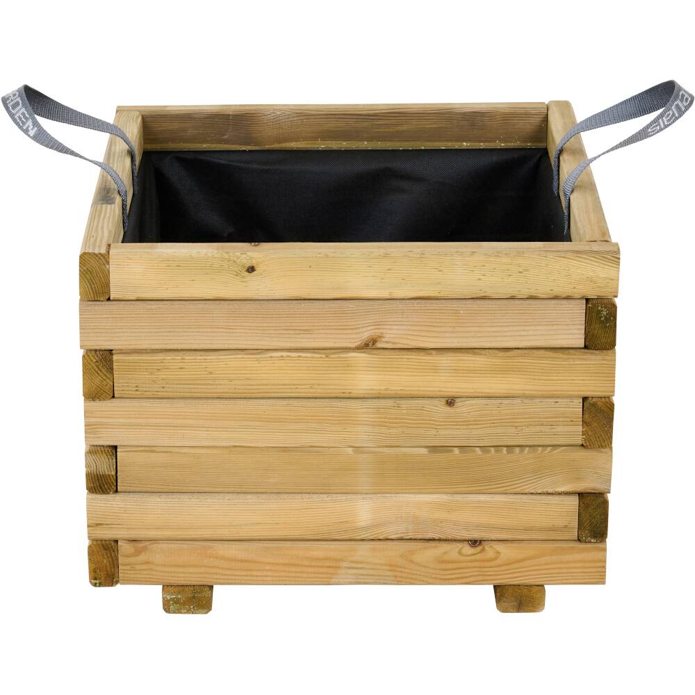 Holzpflanzkasten mit rechteckiger Form, seitlichen Griffen und schwarzer Innenverkleidung. Ideal für Garten- oder Innenraumdekoration.