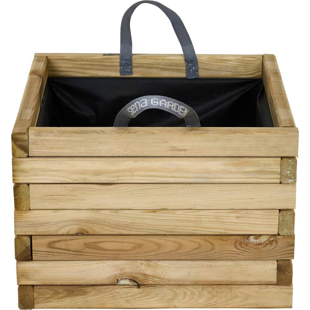 Holzkiste mit grauem Griff, geöffnet. Oberseite zeigt Aufschrift 'MA GARDEN'. Kiste aus hellen Holzlatten, geeignet für Gartenarbeit.
