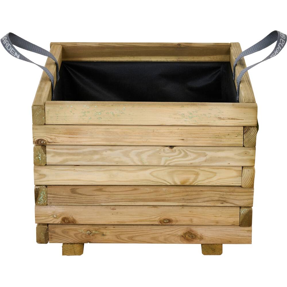 Holzpflanzkasten mit zwei grauen Griffen, rechteckige Form, natürlicher Holzton, ideal für Gartenpflanzen.