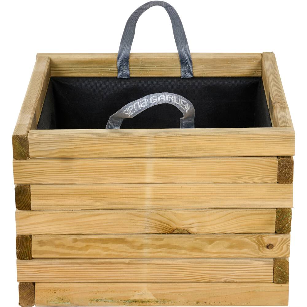 Holzkiste mit grauem Tragegriff oben, geeignet für Gartenarbeiten oder Aufbewahrung.