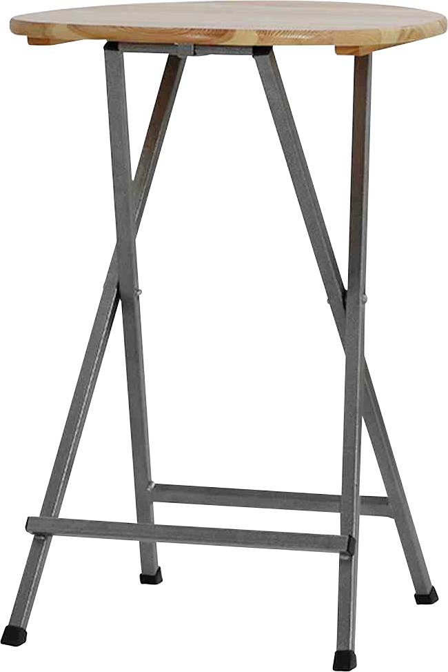 Ein hoher Klapphocker mit einem runden Holzsitz und einem stabilen Metallgestell, geeignet für Veranstaltungen oder Partys.
