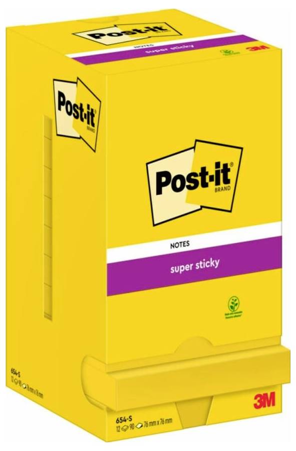 Gelbe Verpackung von 'Post-it Super Sticky' Haftnotizen mit violettem Streifen. Markenlogo oben, enthält 12 Blöcke zu je 90 Blättern.