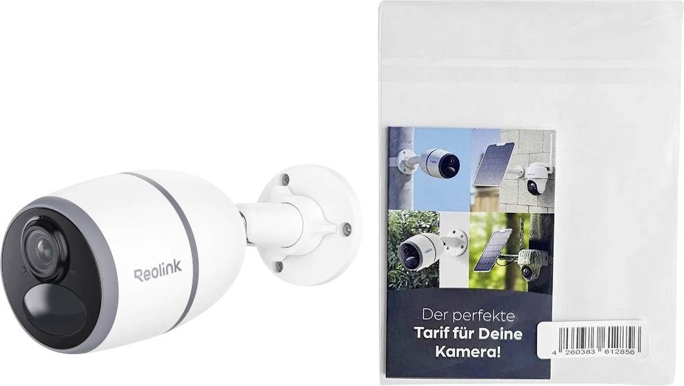 Eine Reolink-Sicherheitskamera ist an einer Wand montiert. Daneben befindet sich eine Produktverpackung mit Bildern verschiedener Kameraaufstellungen und dem Text 