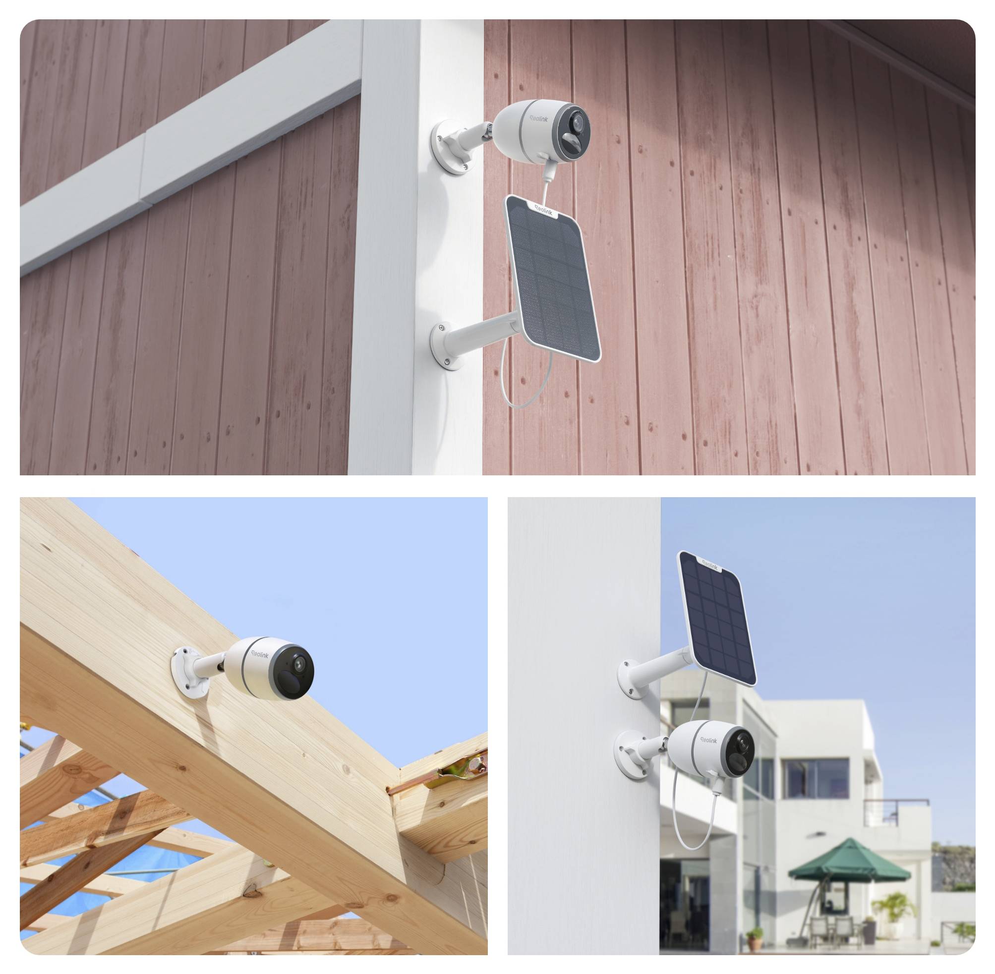 Drei Bilder, die Sicherheitskameras mit auf Gebäudeaußenwänden installierten Solarpanels zeigen. Sie sind in verschiedenen Außenumgebungen montiert.