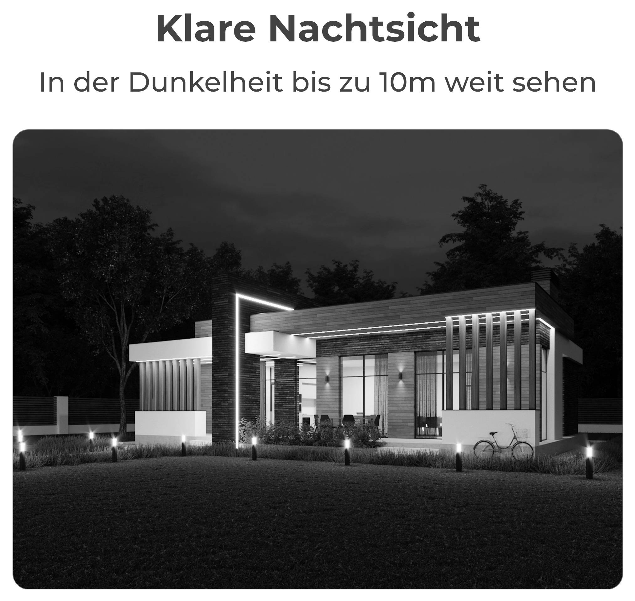 Ein modernes Haus mit Außenbeleuchtung erhellt den Weg, umgeben von Bäumen. Der Text darüber liest sich 