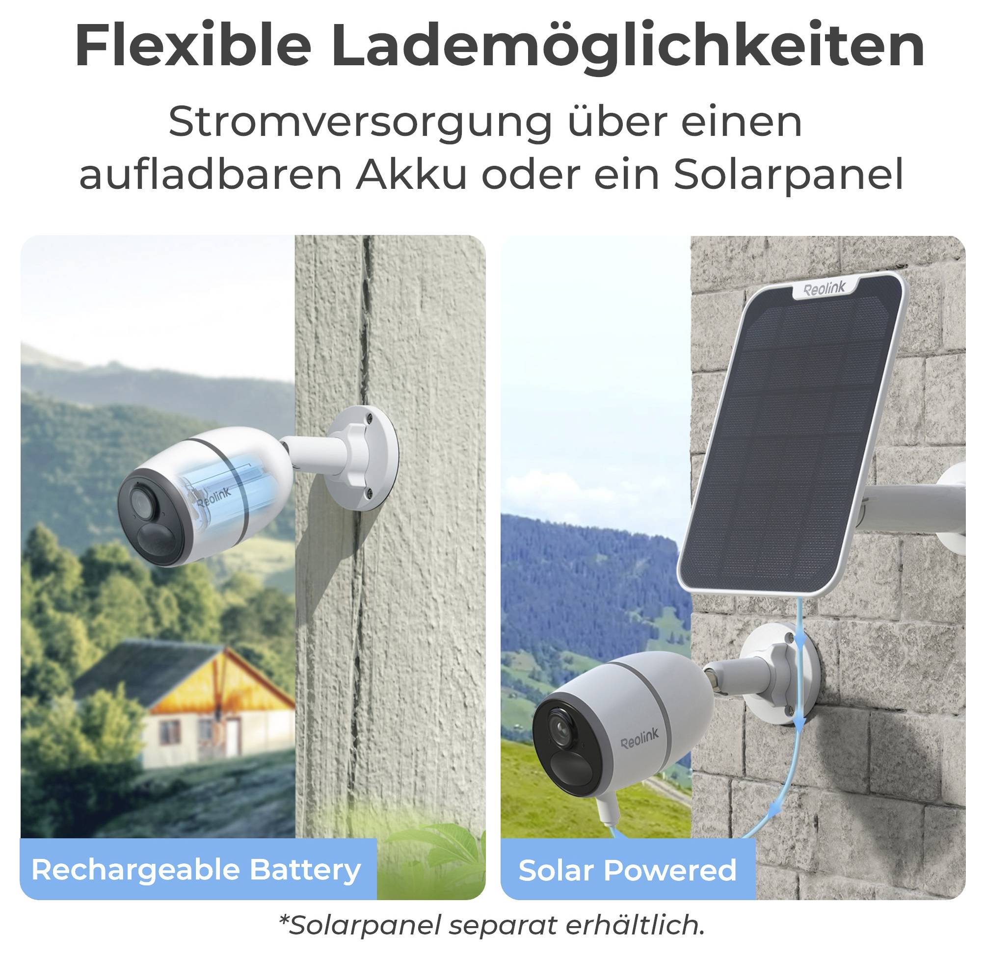 Flexible Lademöglichkeiten: wiederaufladbare Batterie, solarbetrieben. Zwei Sicherheitskameras, die im Freien montiert sind und verschiedene Stromquellen veranschaulichen.