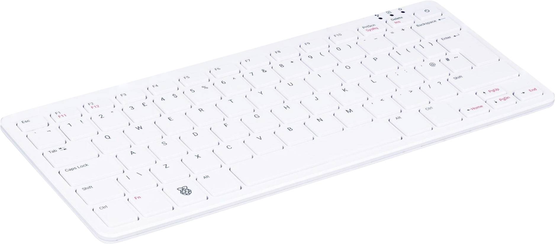 Weiße Tastatur mit roten Akzenten, QWERTZ-Layout, Funktionstastenreihe oben, Pfeiltasten unten rechts.