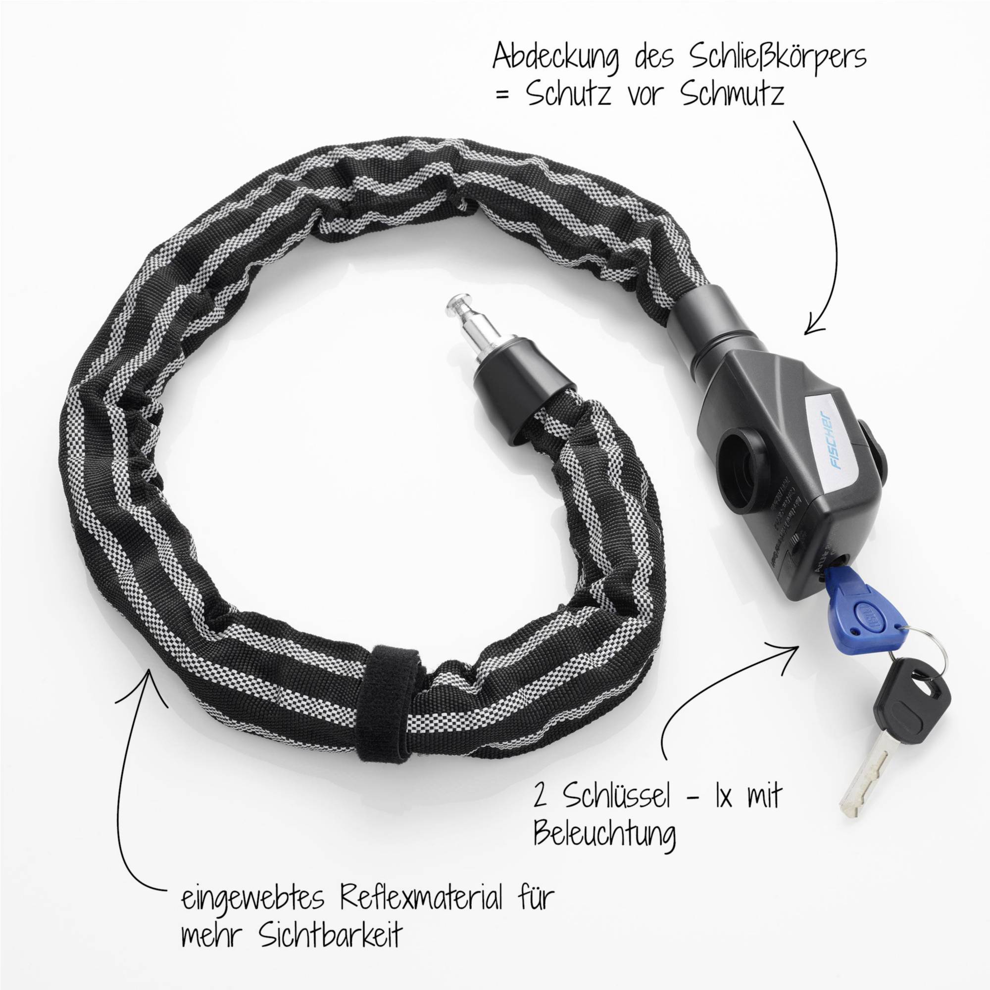 FISCHER FAHRRAD Kettenschloss Schwarz reflektierende Ummantelung Schlüsselschloss
