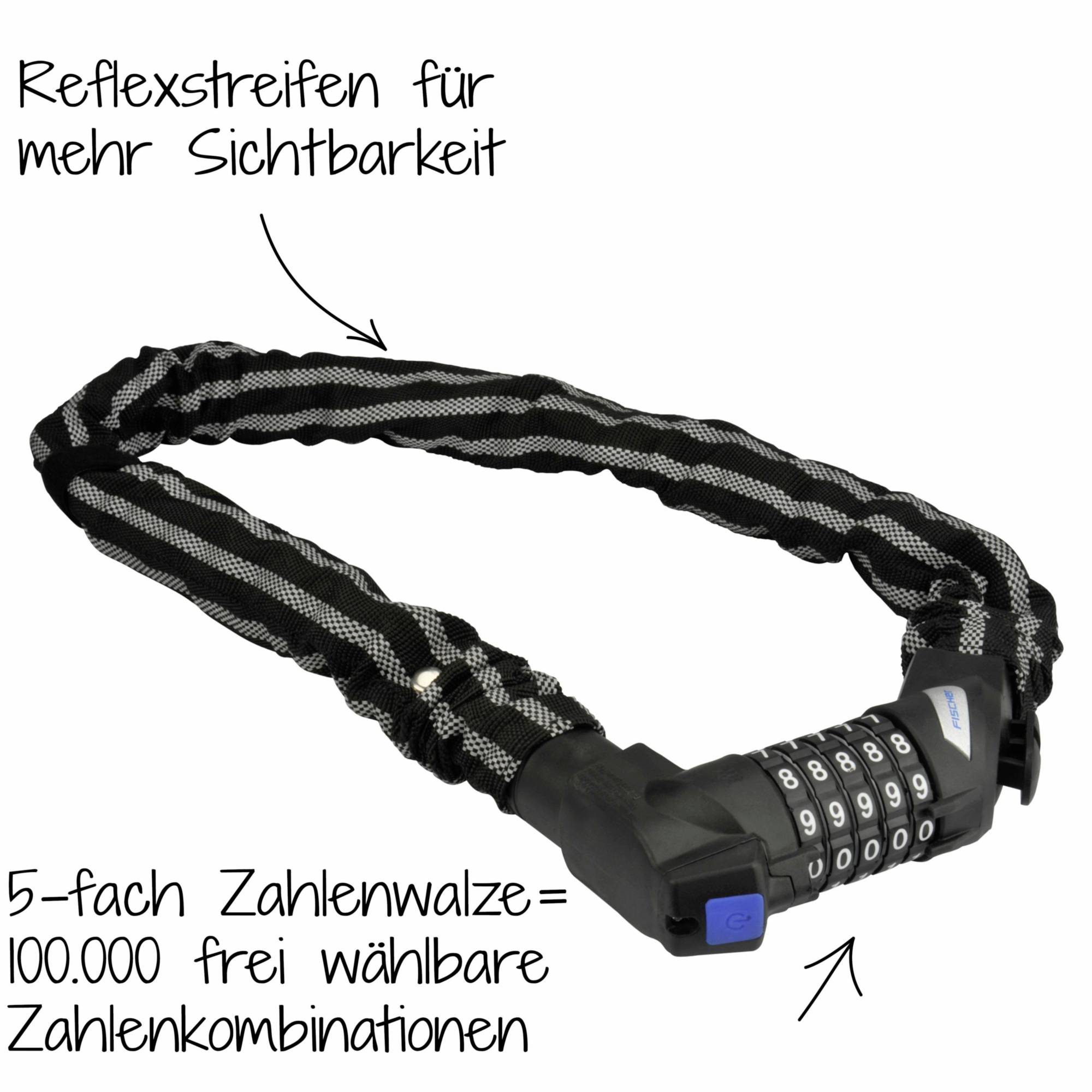 FISCHER FAHRRAD Kettenschloss Schwarz reflektierende Ummantelung Zahlenschloss