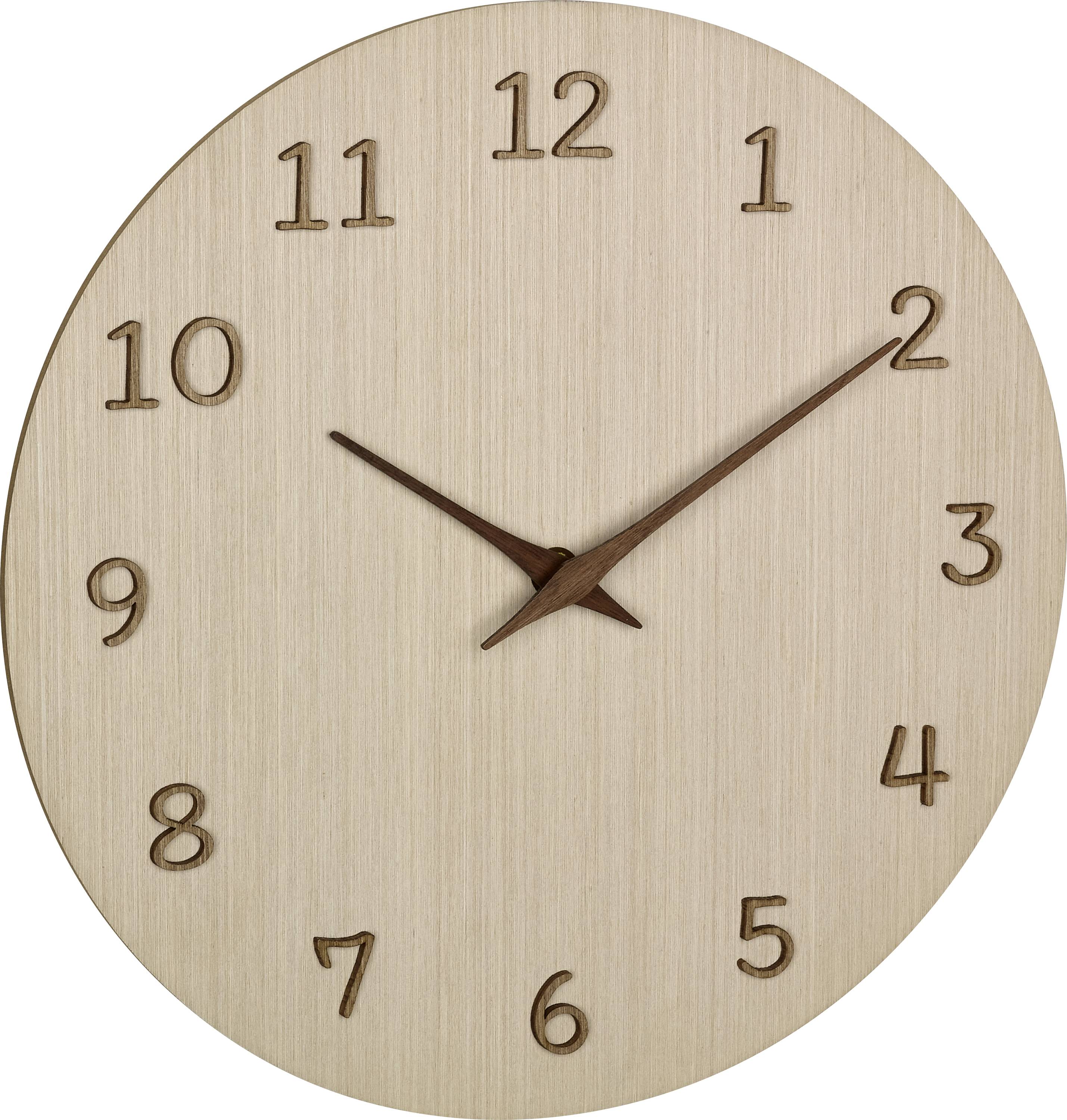 Analoge Holzuhr mit runden Ziffern, zeigt 2:00 Uhr.