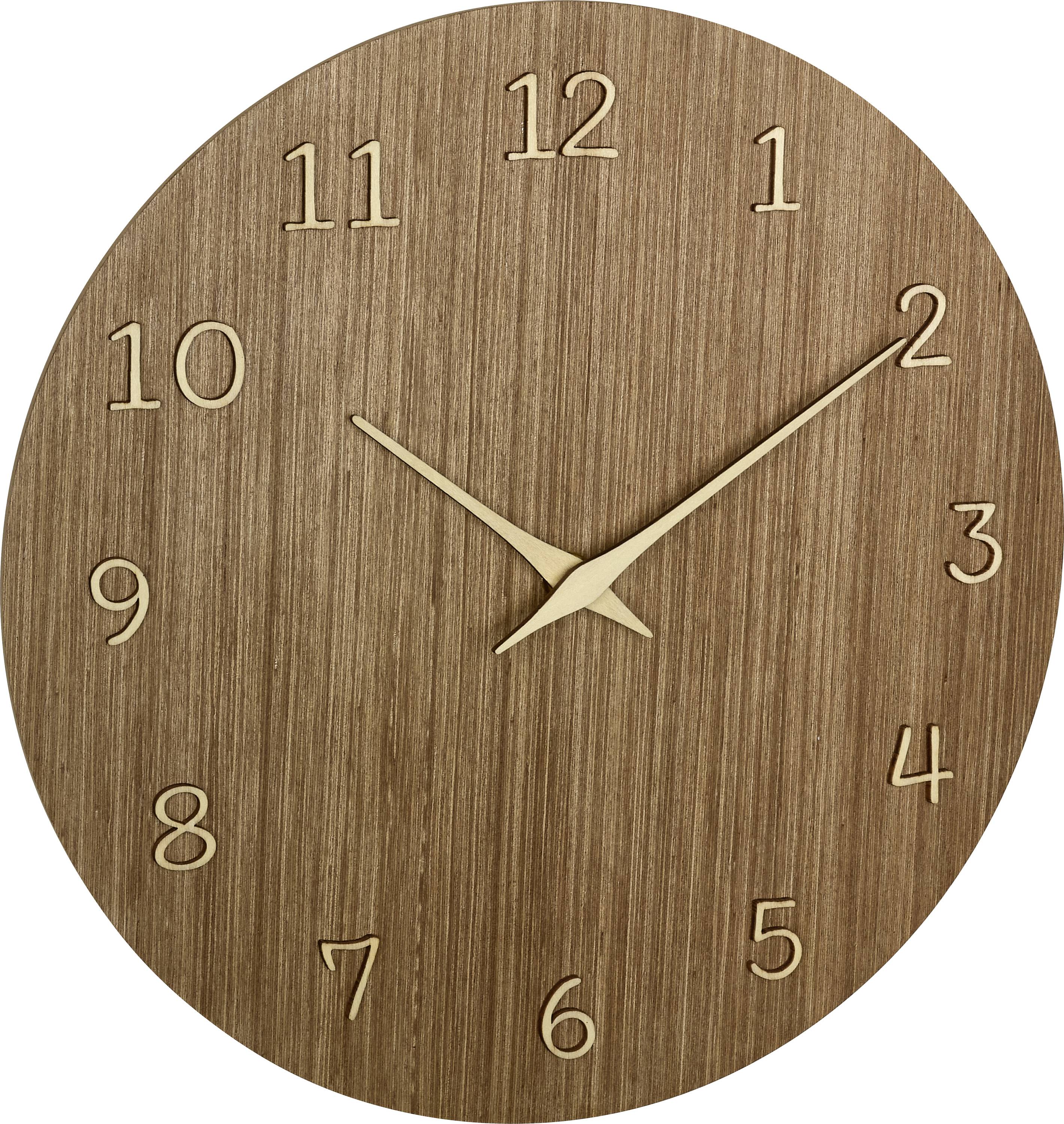 Holzuhr mit ovalem Design, goldenen Zeigern und Zahlen. Zeigt 10:10 Uhr an.