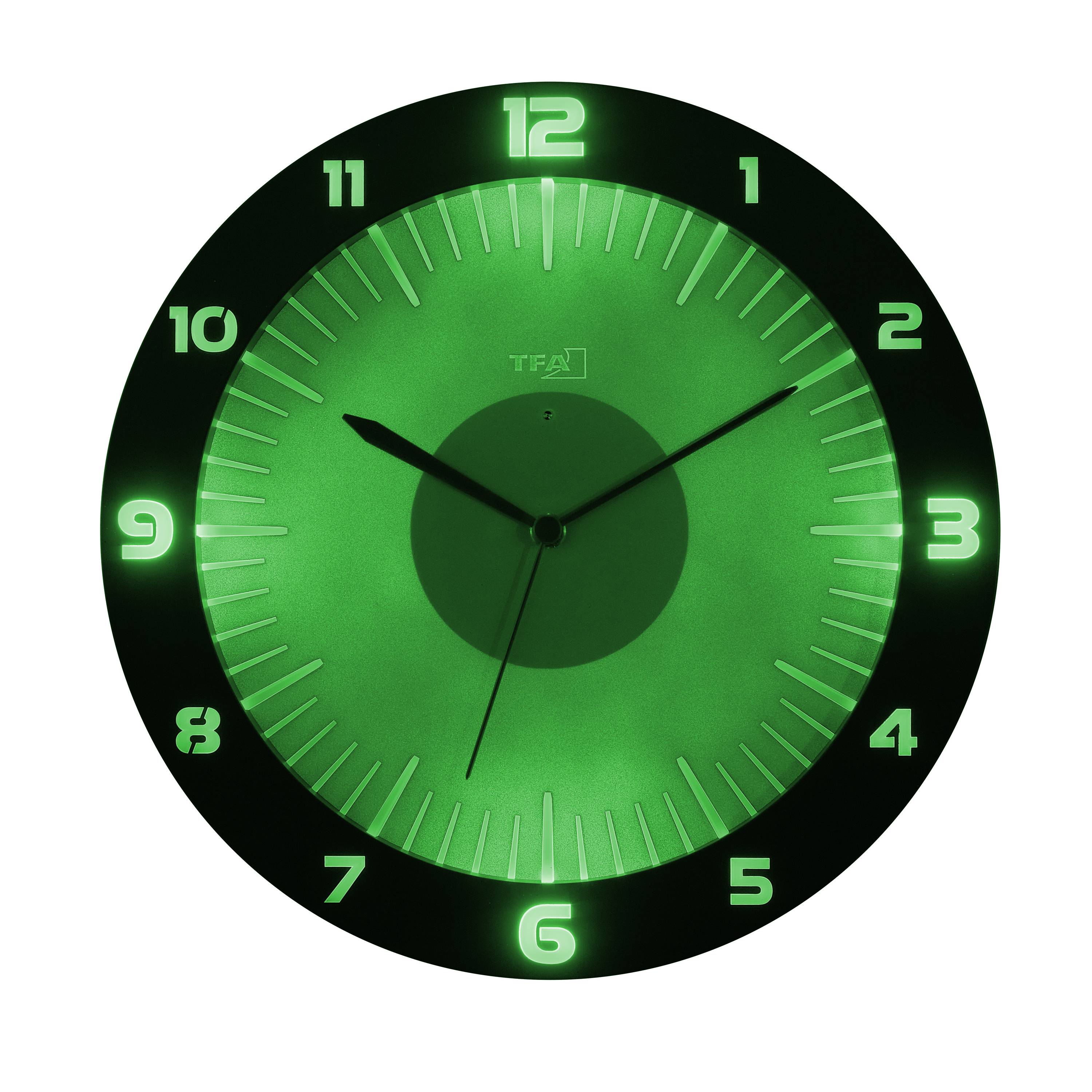 Eine grün leuchtende Wanduhr mit den Ziffern 1 bis 12 und zwei schwarzen Zeigern.