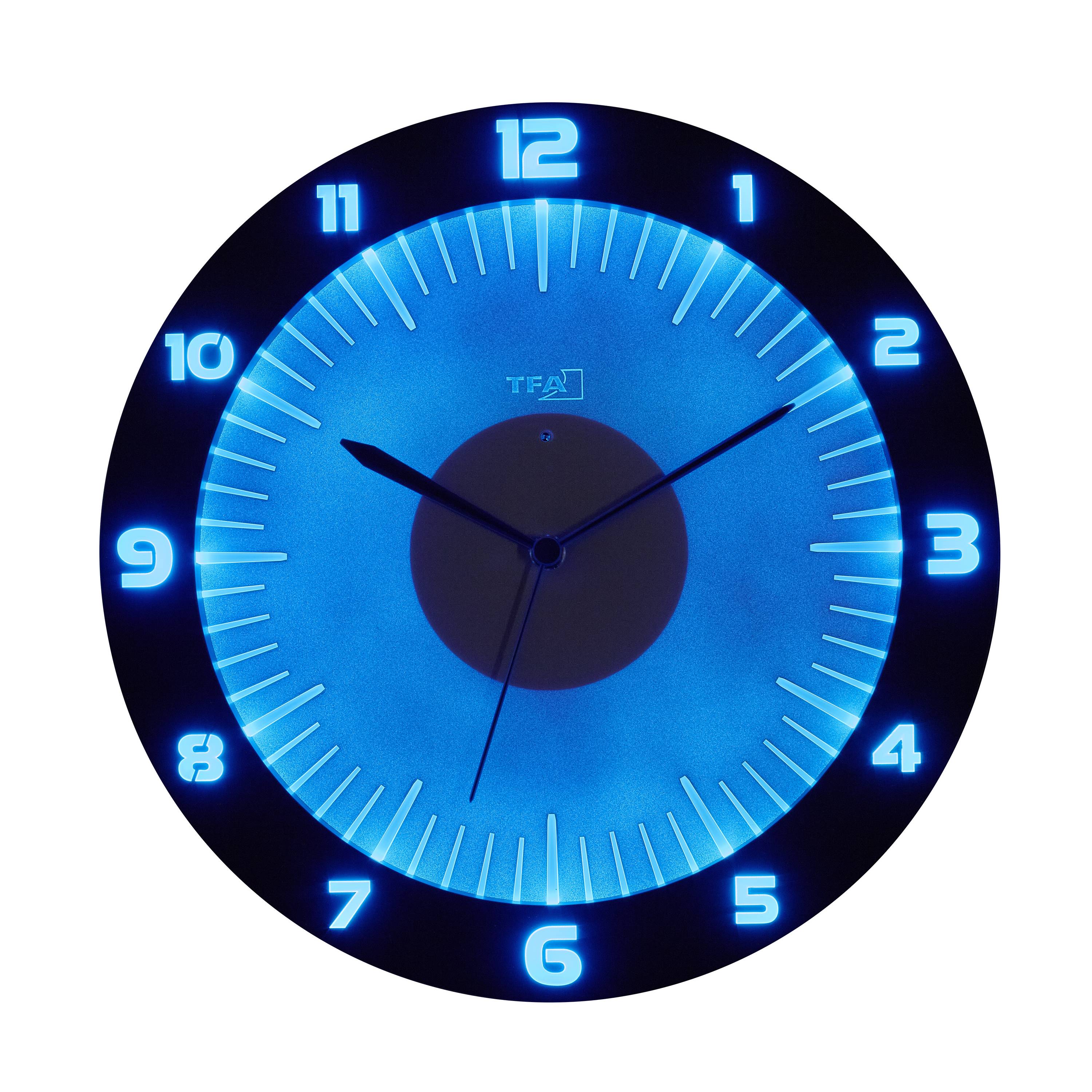 Eine leuchtende Wanduhr mit blauen Zahlen und Zeigern zeigt 10:10 Uhr an. Die Uhr hat einen modernen, runden Stil.