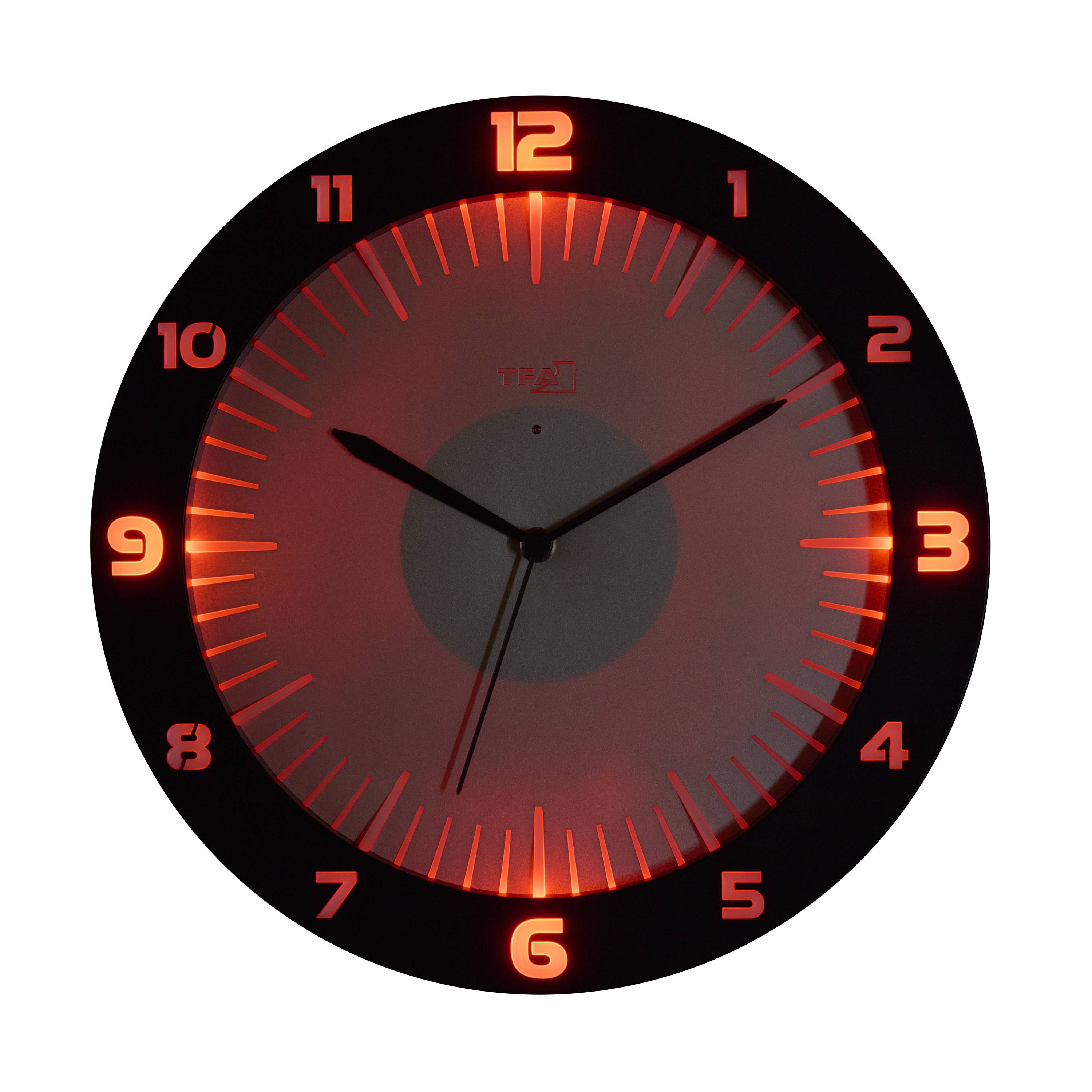 Analoguhr mit leuchtend roten Zahlen und Stundenmarkierungen auf schwarzem Zifferblatt. Uhrzeit ist 10:10 Uhr.