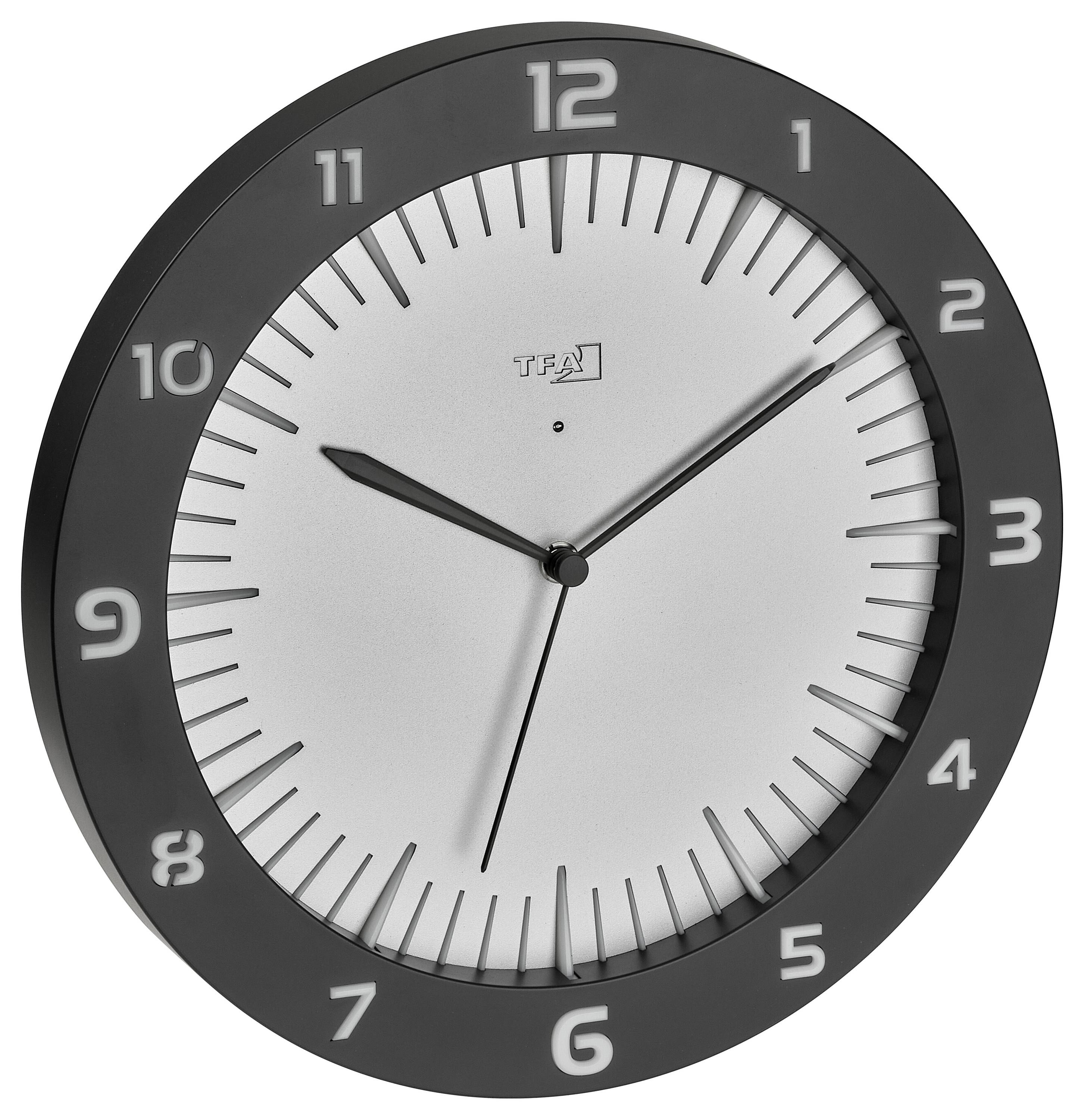 Schwarz-weiße Wanduhr mit zwölf Stundenmarkierungen. Die Uhr zeigt zehn Minuten nach zehn.