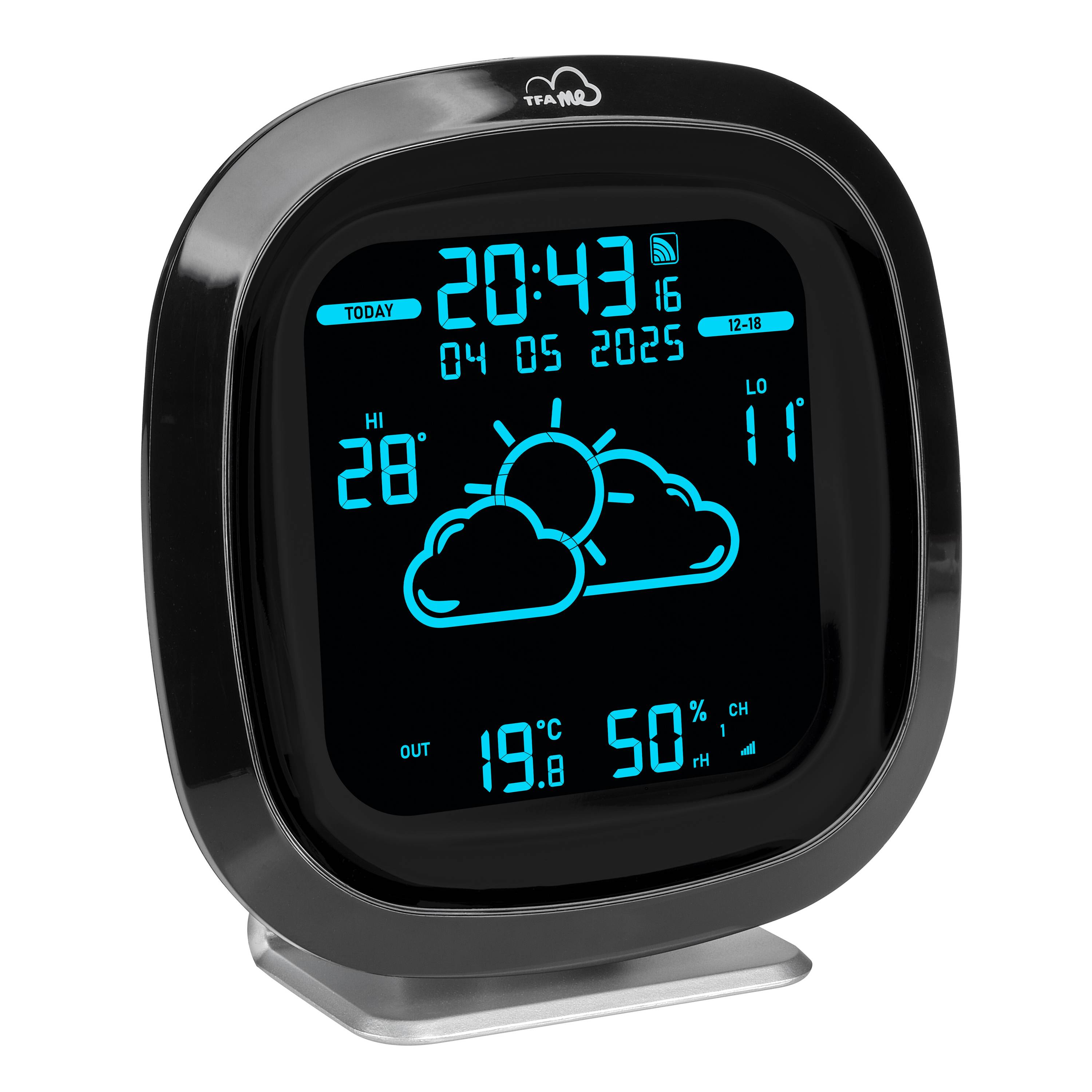 Ein digitales Thermometer mit Uhrzeit 20:43, Datum 04.05.2025. Wetteranzeige mit Sonne und Wolken, Temperaturen 19,8°C drinnen, 11°C draußen.