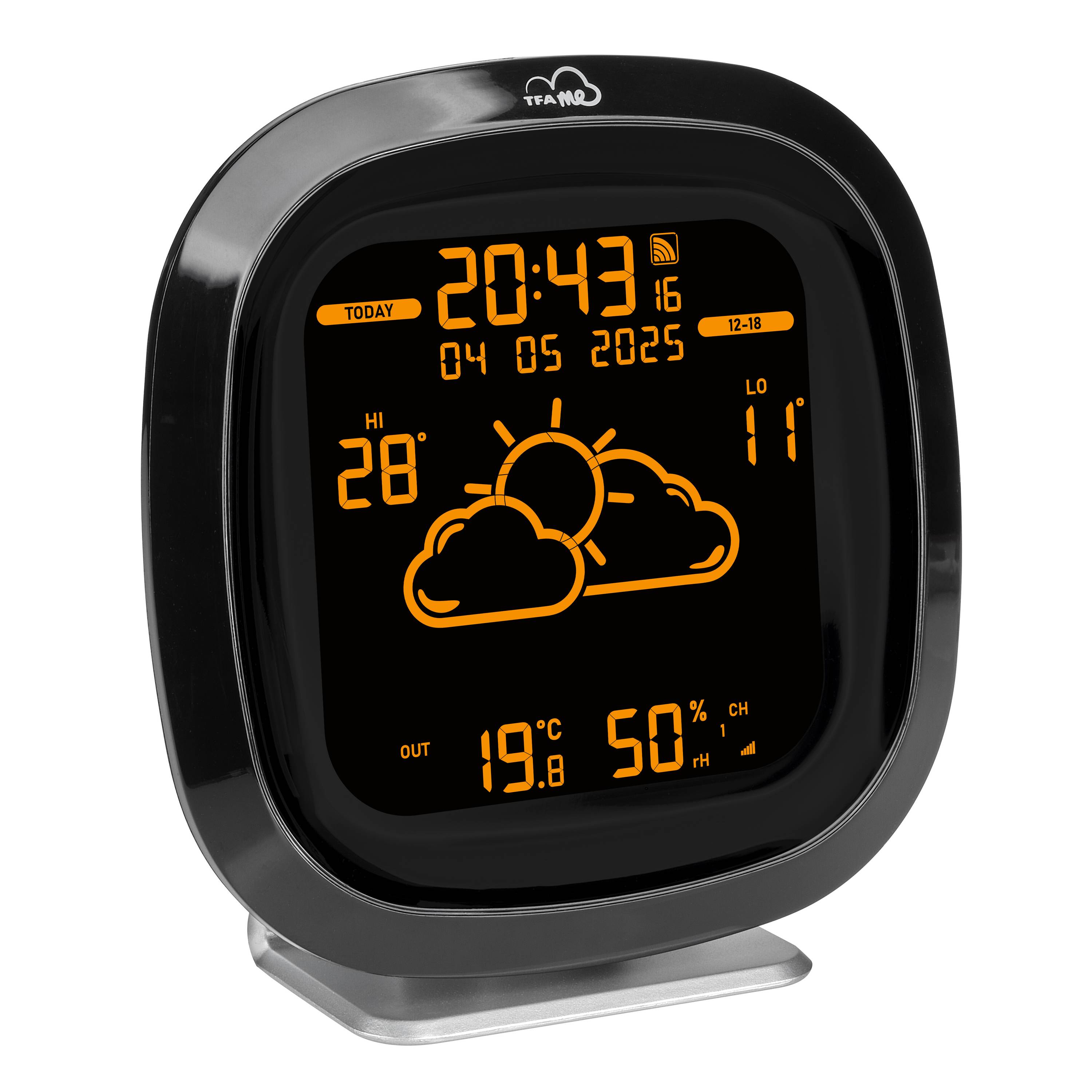Digitaler Wetterstation-Display zeigt Zeit (20:43), Datum (04.05.2025), Innen- und Außentemperaturen (28°C und 11°C) und Luftfeuchtigkeit (50%).