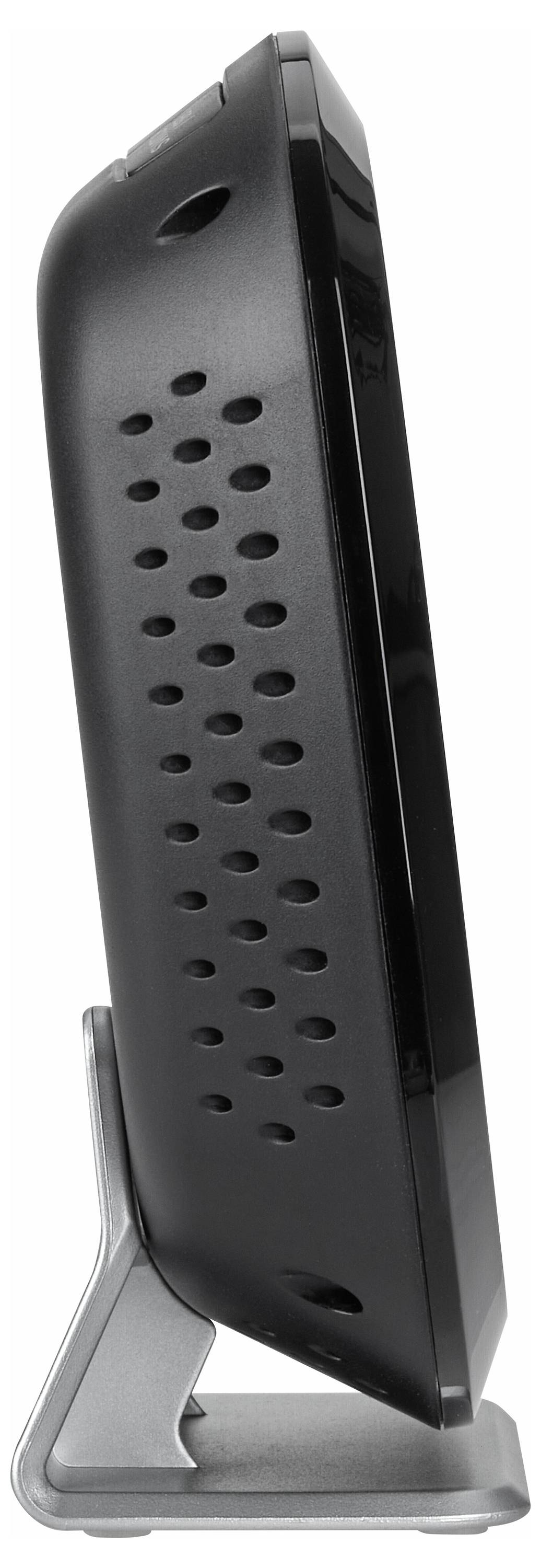 Ein schmaler, schwarzer, seitlich stehender Modem oder Router mit Lüftungsschlitzen, auf einem silbernen Standfuß montiert.