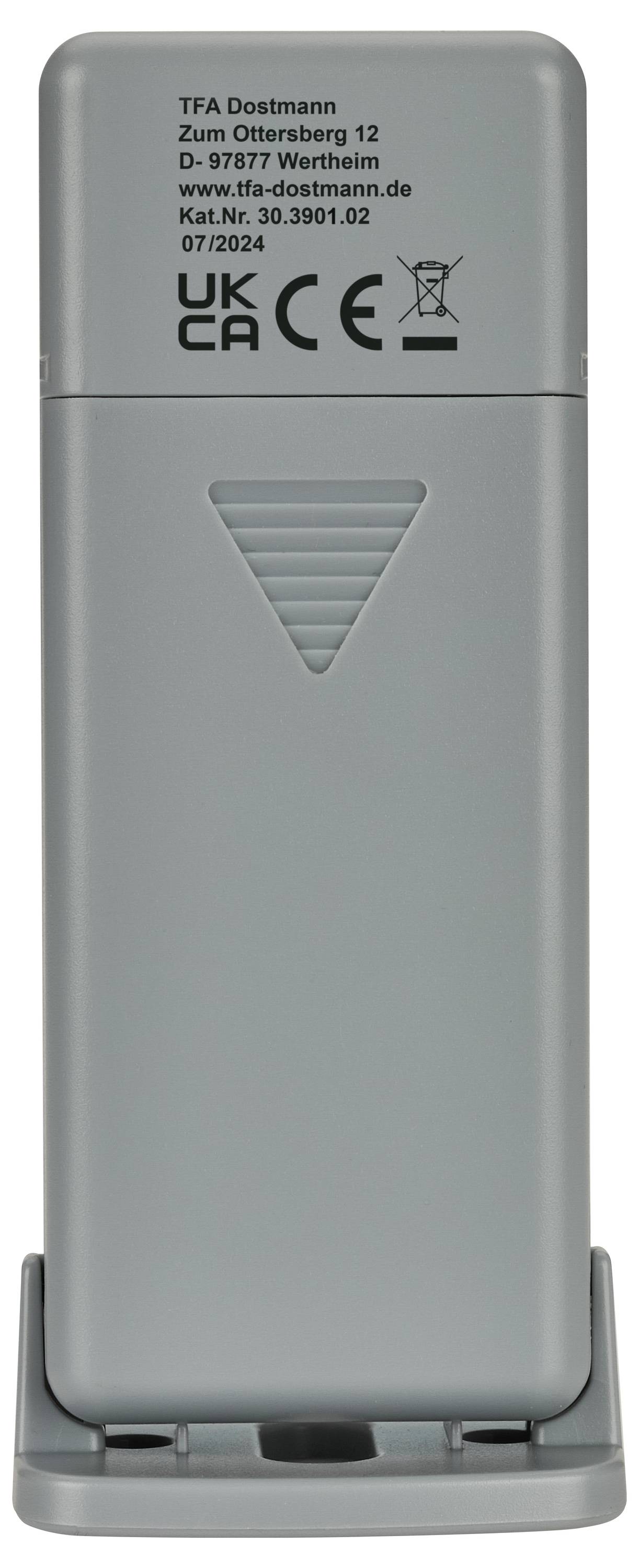 Ein graues elektronisches Gerät mit CE- und UKCA-Kennzeichnung. Oben auf der Rückseite befinden sich Herstellerinformationen.