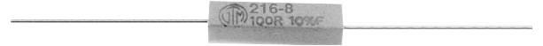 Ein elektrischer Widerstand mit silbernem Draht. Auf dem Gehäuse steht '216-8' sowie ein Symbol.