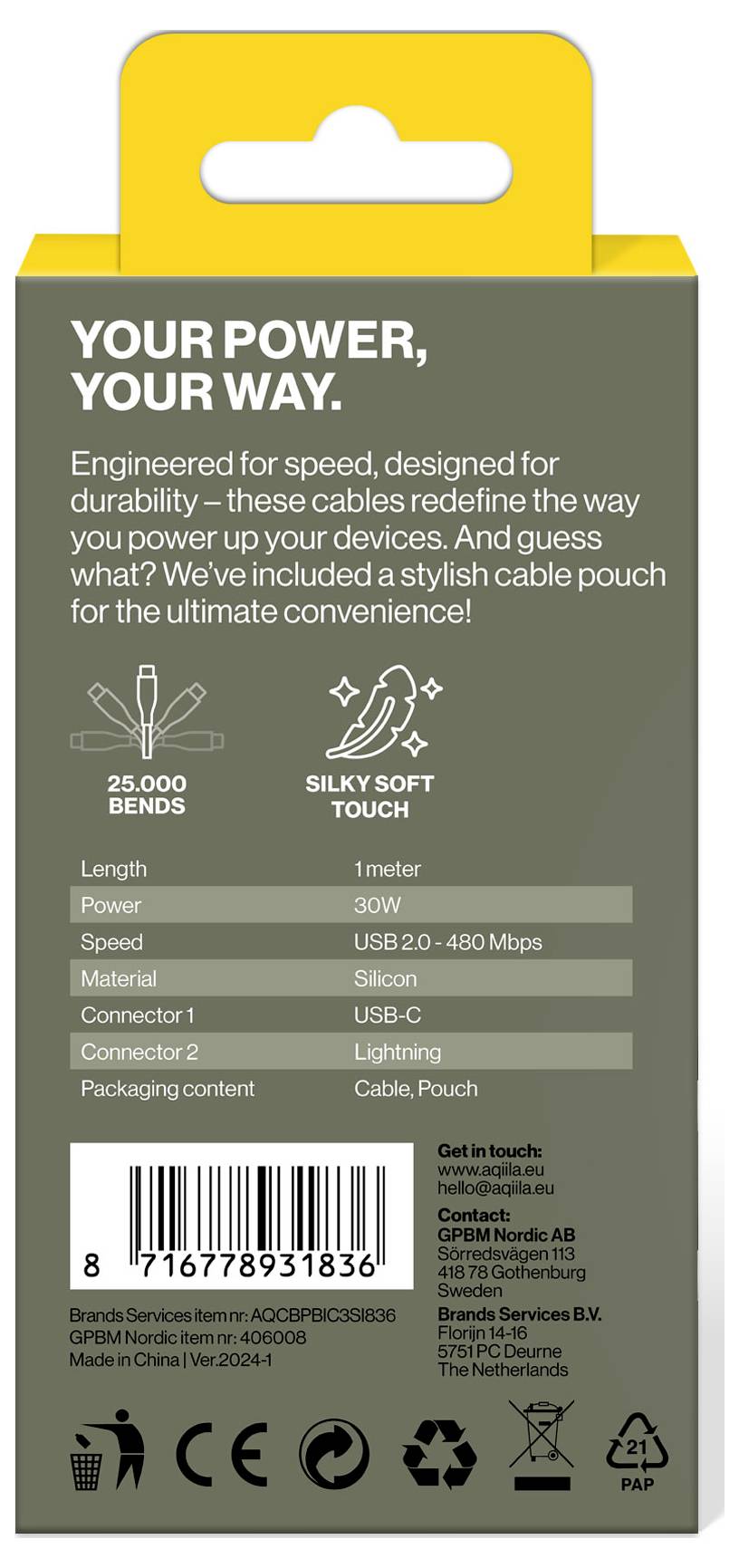 Aqiila Cablebird CS21 USB-C® Kabel USB 2.0 Apple Lightning Stecker 1.00m Weiß AQCBPBIC3SI836