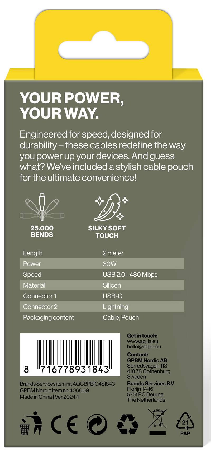 Rückseite einer Kabelverpackung mit Angaben: Länge 2m, Leistung 30W, USB 2.0-480 Mbps, Material Silikon. '25.000 Biegungen', 'Weiches Gefühl'.