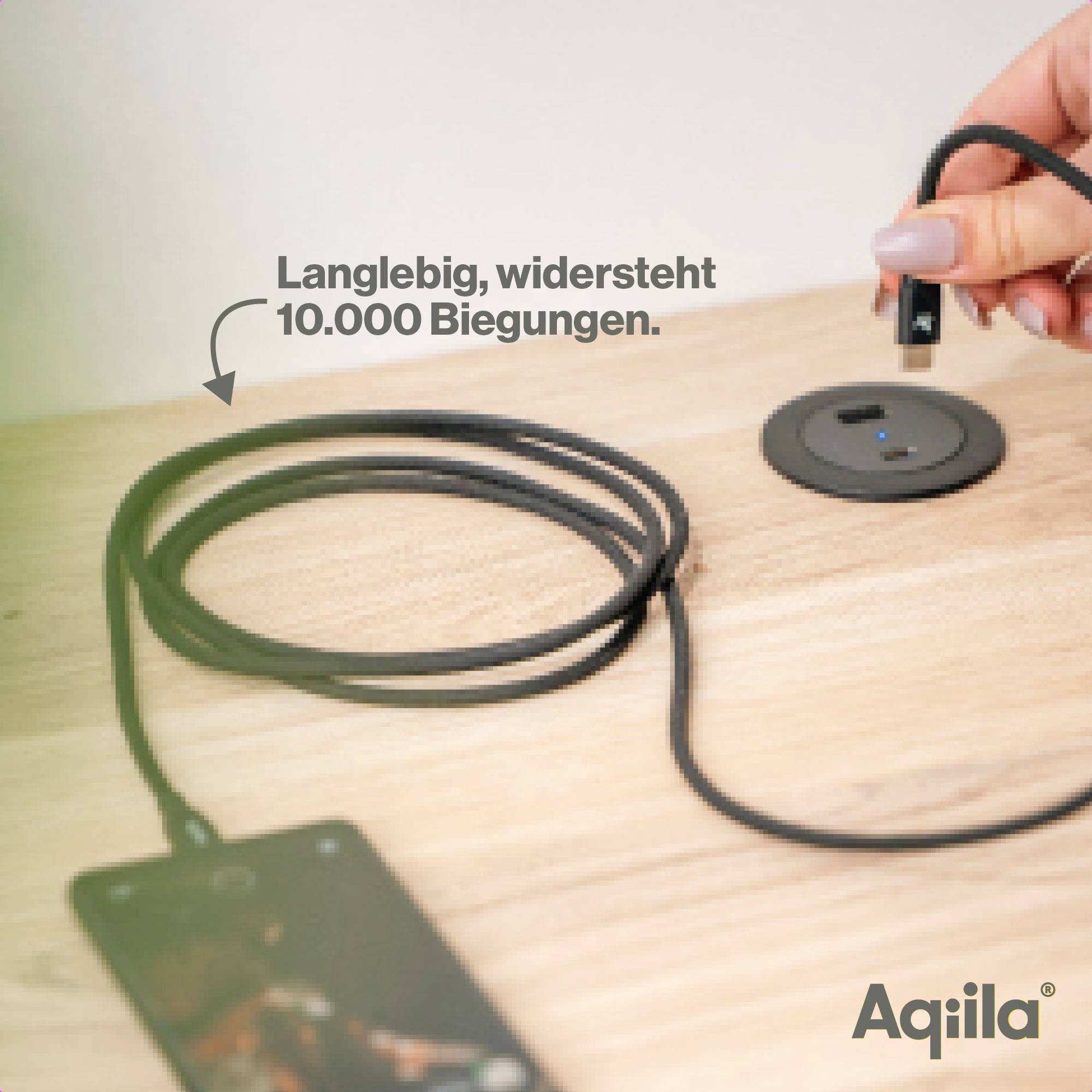 Ein Kabel mit verstärkter Ummantelung wird gehalten, mit dem Text 'Langlebig, widersteht 10.000 Biegungen'. Im Hintergrund ein Smartphone.