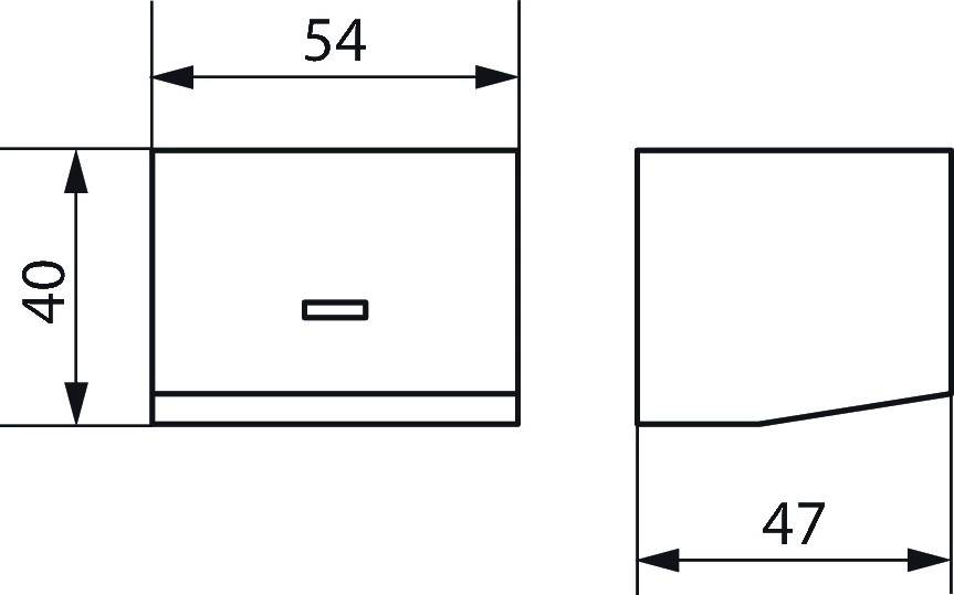 Technische Zeichnung eines rechteckigen Objekts mit einer Breite von 54 Einheiten. Oben und rechts sind Pfeile für Messungen.