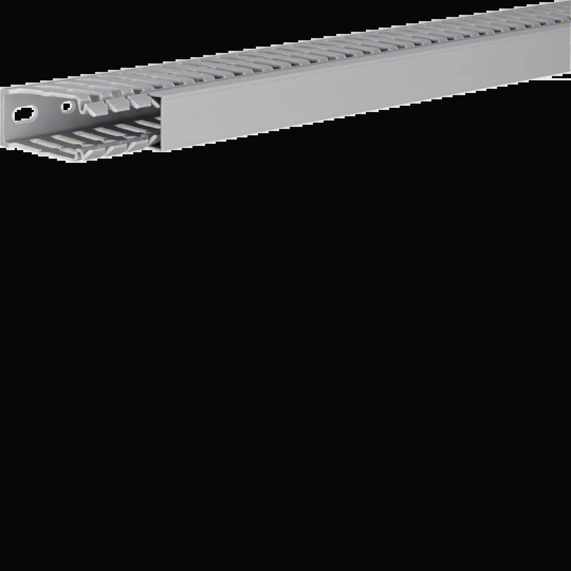 Graue Kabelrinne aus Metall mit perforierten Seiten für Kabelmanagement. Sie zeigt ein offenes Gitterdesign für verbesserte Belüftung.