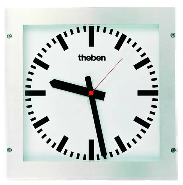 Eine analoge Wanduhr mit Metallrahmen zeigt 10:08 Uhr an. Die Uhr hat ein schlichtes Design mit schwarzen Markierungen und Zeigern.