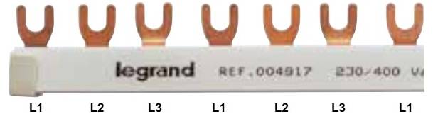 Phasenschiene von Legrand mit Bezeichnung REF_004917, 230/400 V. Enthält sechs Kupferzinken für elektrische Schaltkreise.