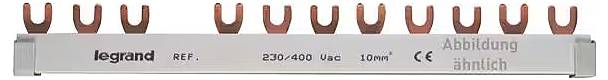 Ein Kupferschienenverbinder von Legrand für elektrische Anwendungen, geeignet für Spannungen von 230/400 V und Stromstärken bis 100 A.