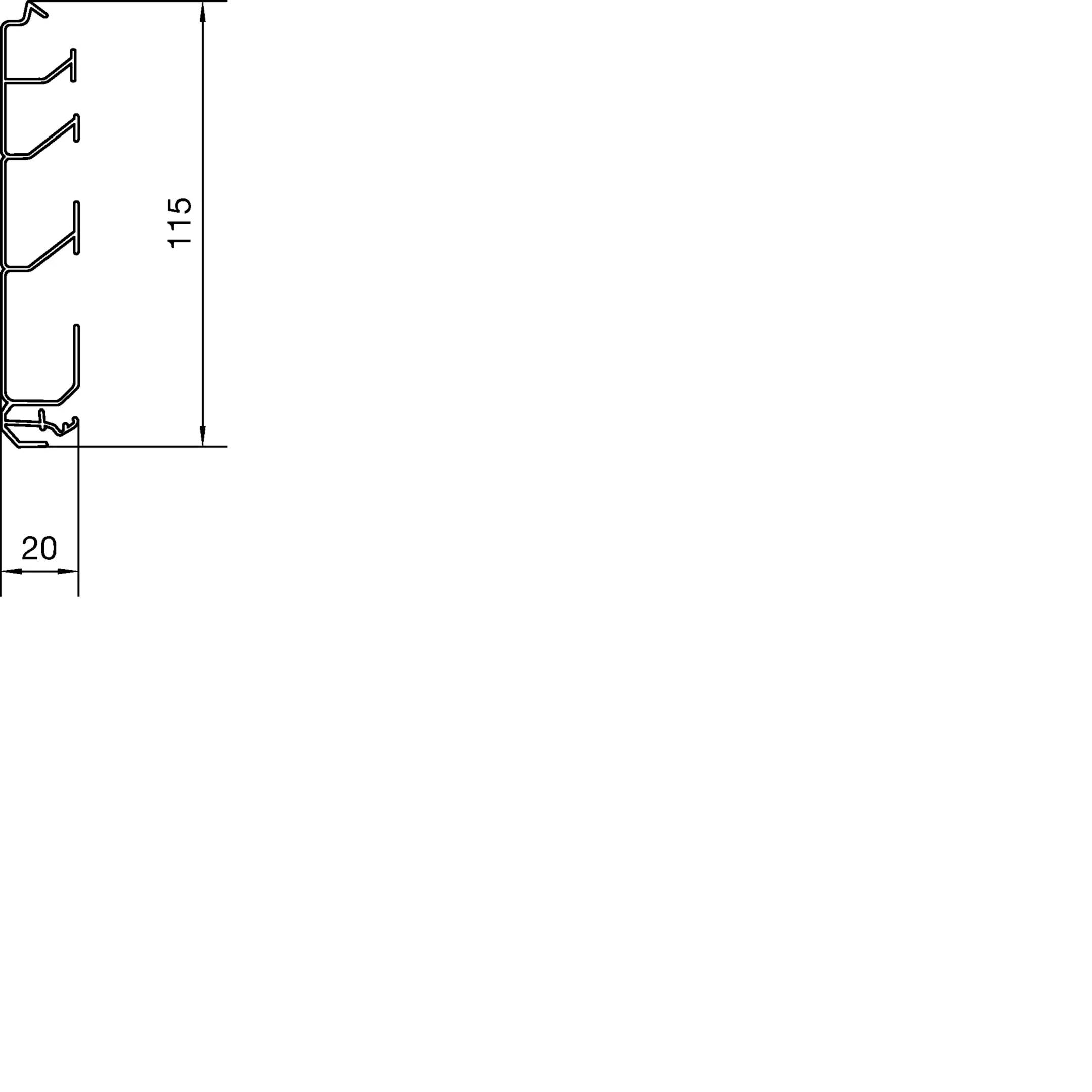 Technische Zeichnung eines Profils mit Maßen: Höhe 115 mm, Breite 20 mm. Darstellung der Kanten und Schichten des Profils.