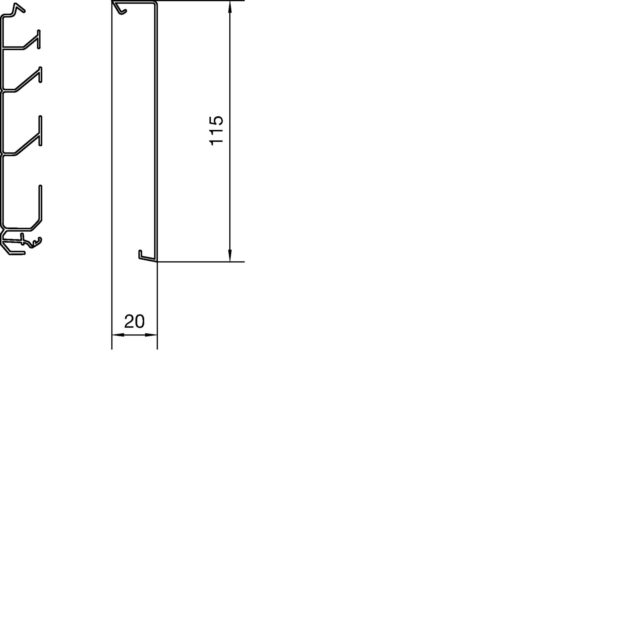 Querschnitt eines Profils mit Details der Maße: Höhe 115 mm, Breite 20 mm. Enthält mehrere Hohlkammern auf der linken Seite.