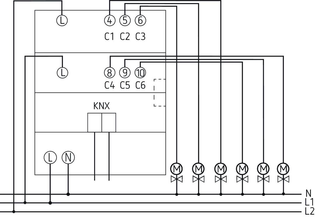 Schaltplan zeigt ein KNX-Steuerungssystem mit mehreren verbundenen Klemmen (C1-C6) und Motoren (M) für die Automatisierungstechnik.