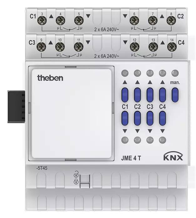Ein KNX-Schaltmodul mit acht blauen Tasten und LED-Anzeigen für C1 bis C4, von 'theben', Modell 'JME 4 T', zur Steuerung elektrischer Lasten.