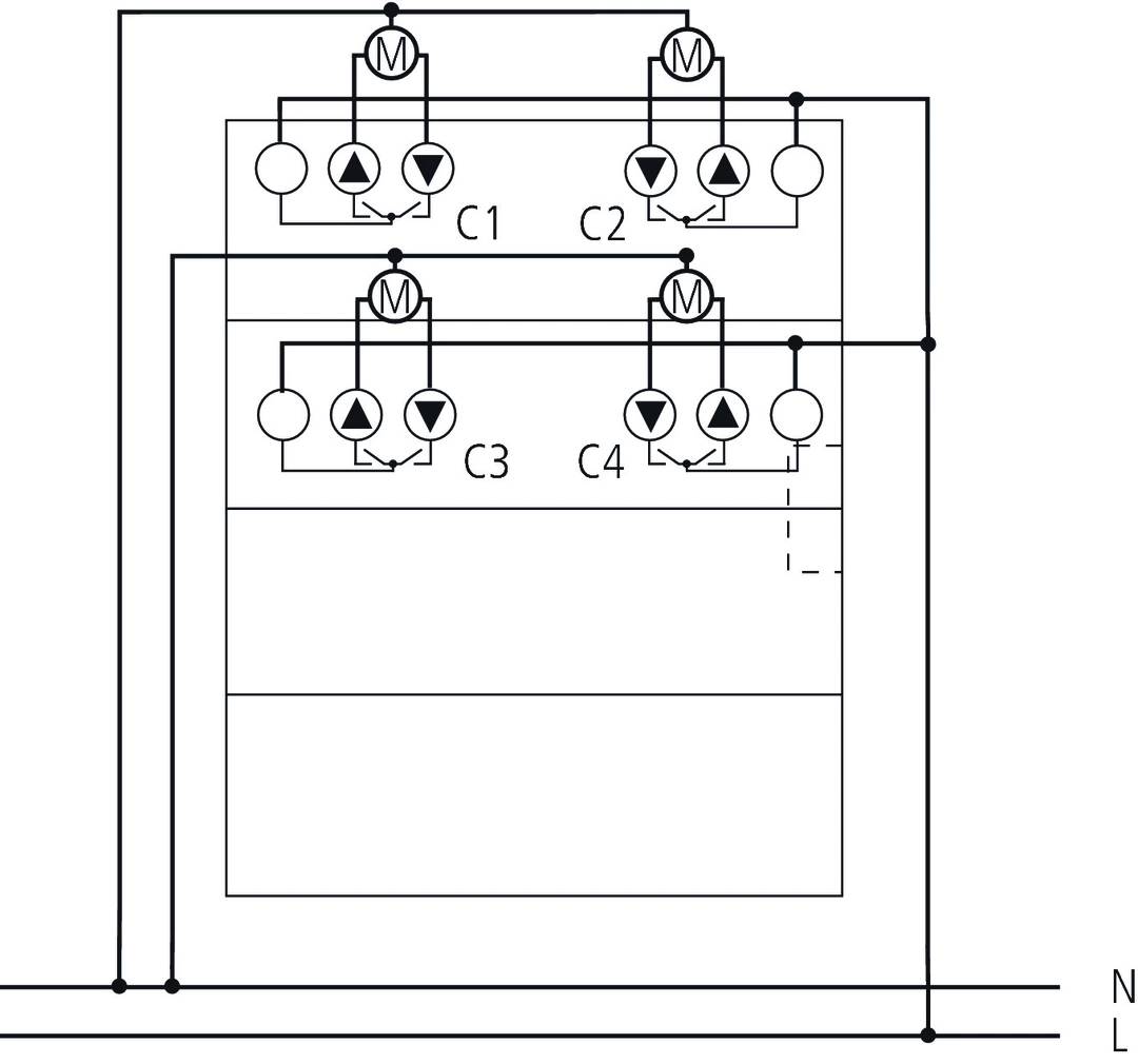 Darstellung eines elektrischen Schaltplans mit vier Schaltkreisen C1, C2, C3 und C4. Jeder Schaltkreis enthält Symbole für Motoren und Stromflüsse.