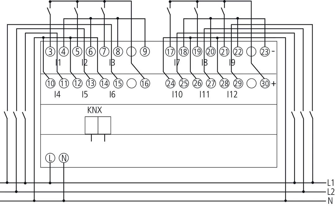Schaltplan einer elektrischen Anlage mit 30 nummerierten Anschlusspunkten, KNX-Verbindungssymbol und Verdrahtungsdetails.