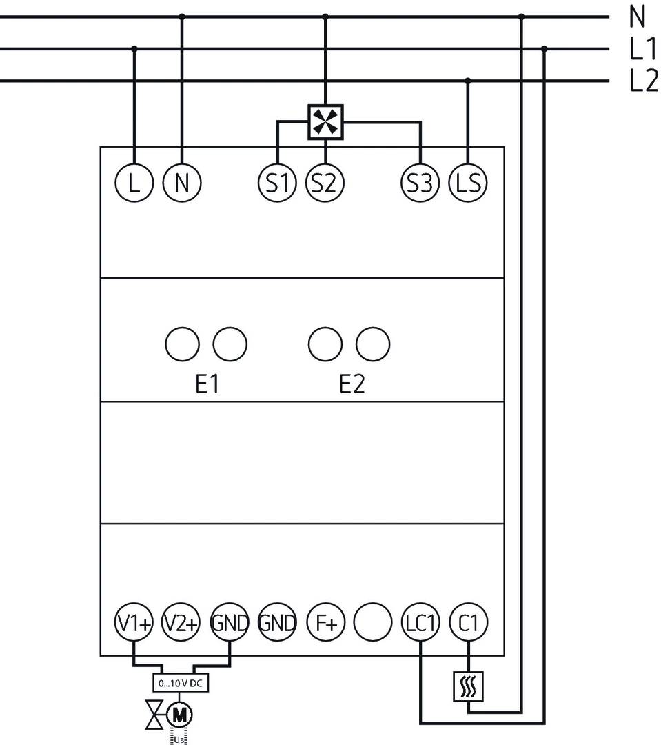 Elektrisches Schaltbild zeigt Anschlusspunkte: L, N, S1, S2, S3, LS. Schaltkreise und Symbole für Spannung, Erdung, Thermistor.