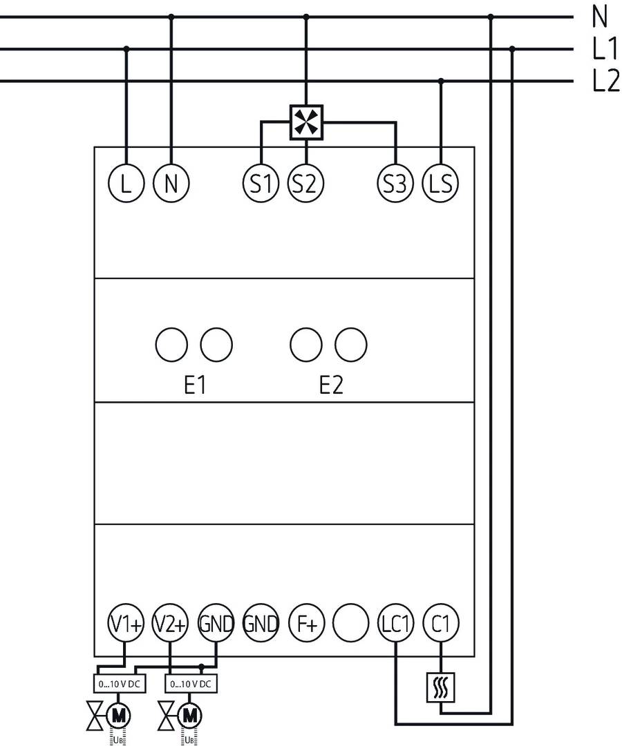 Schaltplan eines elektrischen Geräts mit Anschlüssen, Schaltern und Kontrollleuchten. Oberer Abschnitt zeigt fünf Eingänge (L1, N, S1, S2, S3, LS), unterer Abschnitt diverse Spannungspunkte.