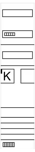 Diagramm eines abstrakten Layouts mit Rechtecken, einigen leer und andere mit schwarzen Balken gefüllt; linkes Rechteck zeigt den Buchstaben 'K'.