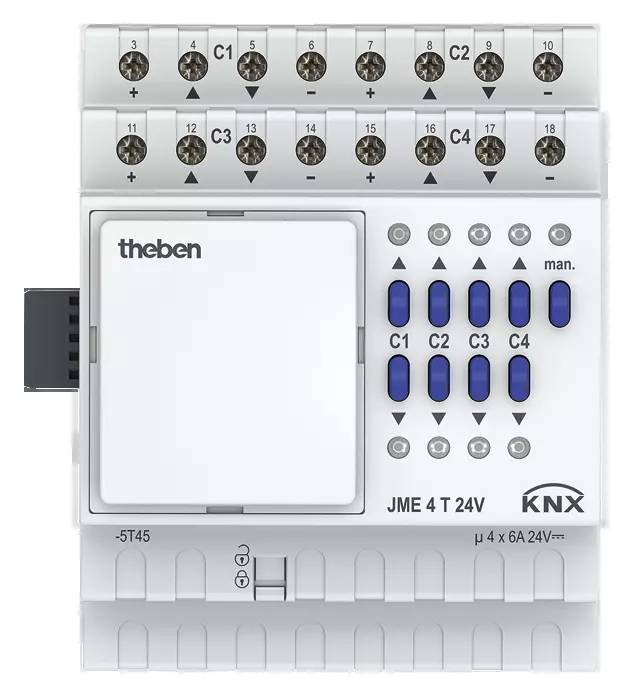 Ein KNX Schaltaktor mit 12 Ausgängen, Beschriftung 'C1' bis 'C4', manuelle Schalter, Markierung 'theben', Modell 'JME 4 T 24V'.