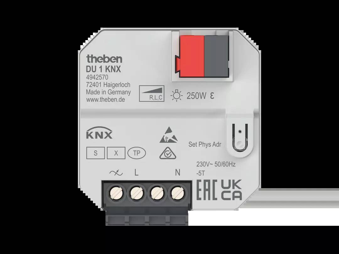 Ein KNX-Schaltaktor von Theben, Modell DU 1 KNX, zur Steuerung elektrischer Lasten, geeignet für 230V, 50/60Hz, mit 250W Leistung.